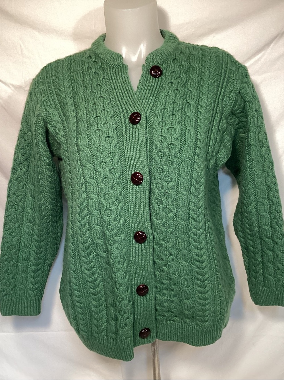 Kilronan Knitwear Ireland Wool Green Cable-Knit Button Cardigan Sweater Women’s